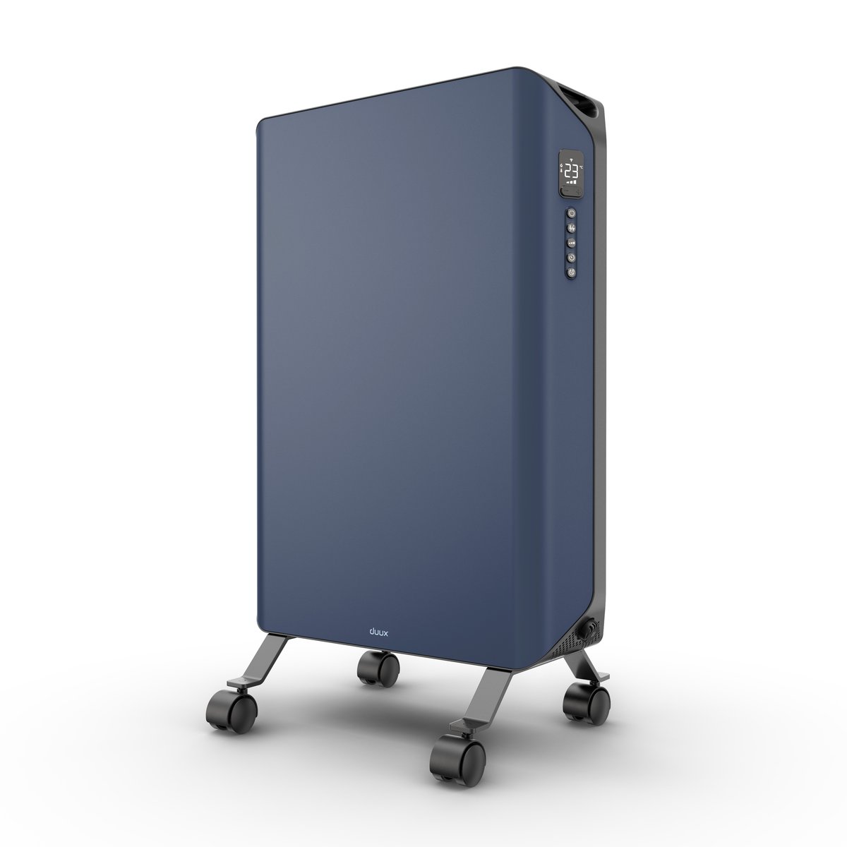 Midnight blue electric panel heater, three-quarter view